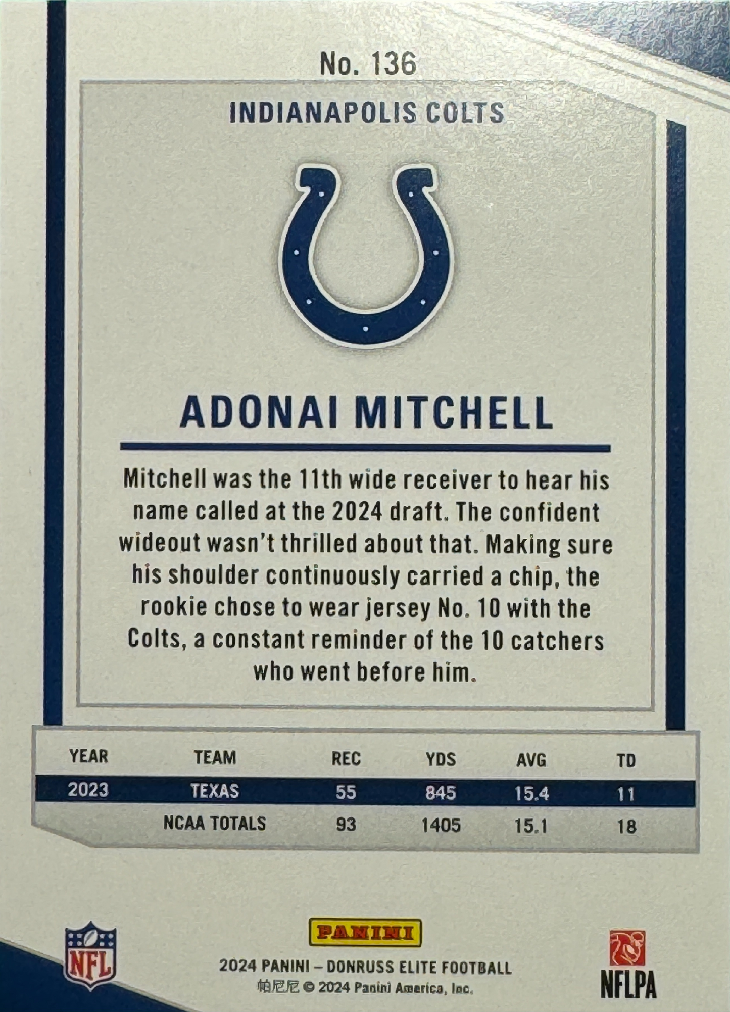 2024 Panini Donruss Elite Football Adonai Mitchell #136 Colts RC /999