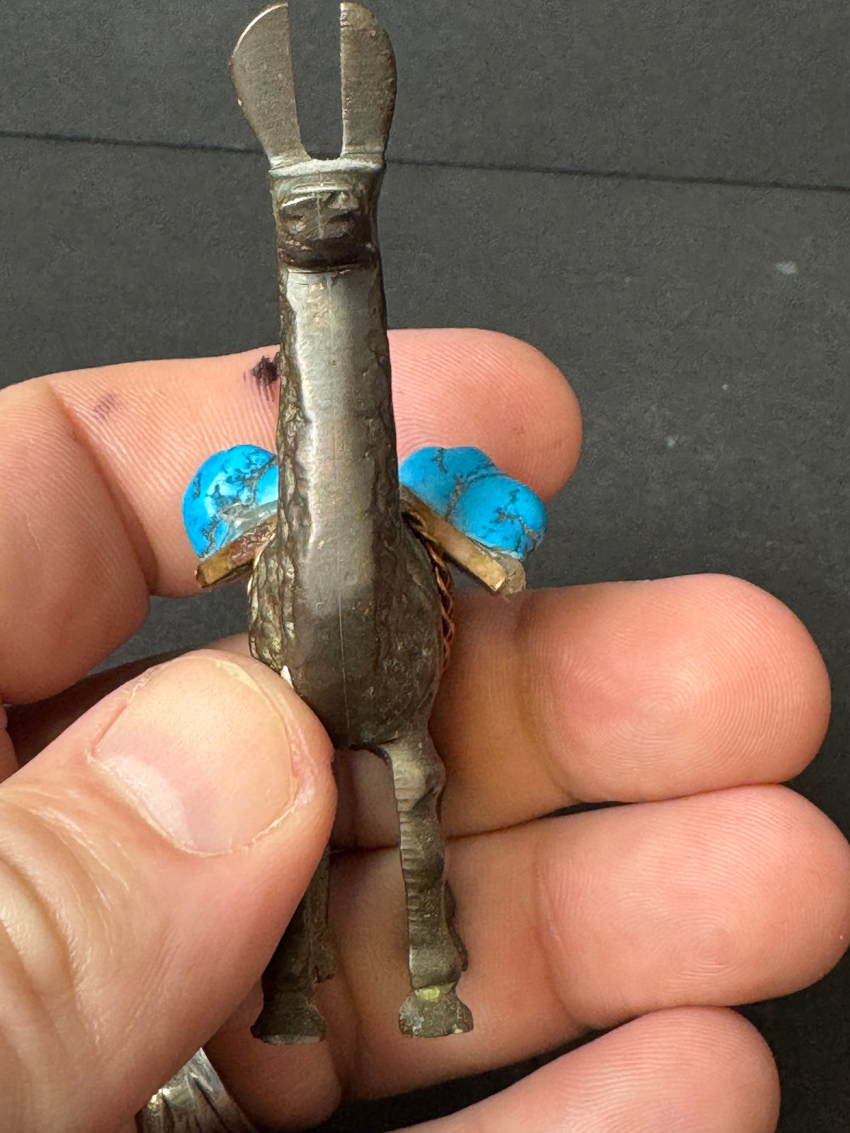 477 - Miniature Brass?  Llama / Alpaca Figurine Carrying Turquoise Stone Copper Saddle