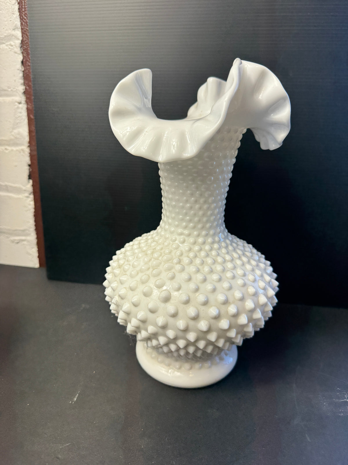 Fenton? White Hobnail Milk Glass Vase with Ruffled Edges