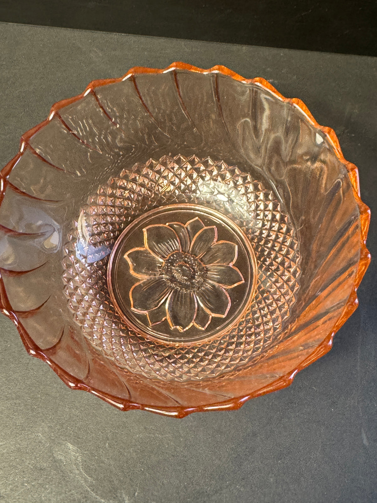Vintage Pink Depression Style Glass Serving Bowl Sunflower Diamond Swirl
