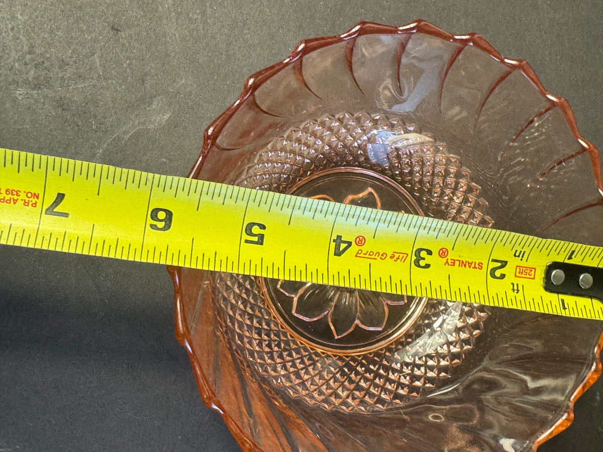 Vintage Pink Depression Style Glass Serving Bowl Sunflower Diamond Swirl