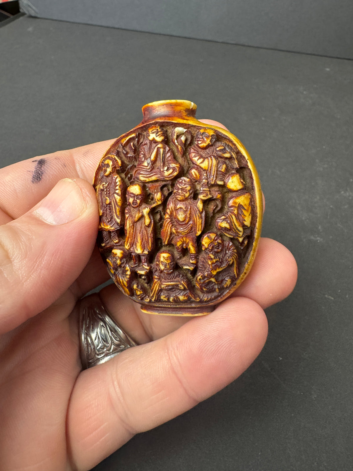 494 - Antique Vintage Heavily Hand Carved Chinese Resin Snuff Bottle 1930's? No Cap