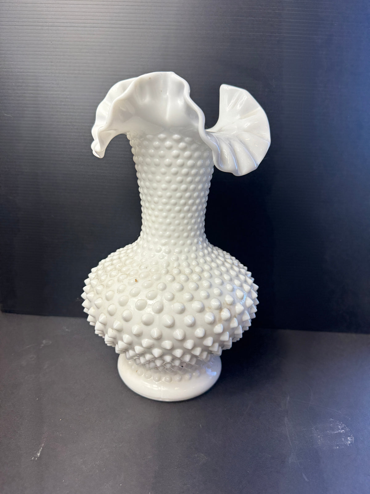 Fenton? White Hobnail Milk Glass Vase with Ruffled Edges
