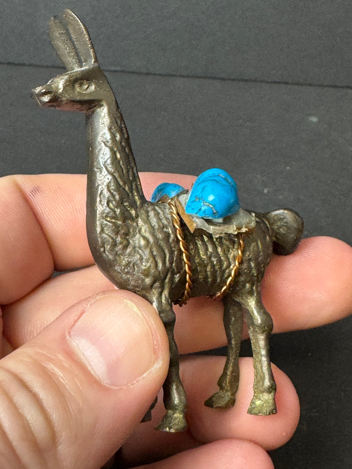 477 - Miniature Brass?  Llama / Alpaca Figurine Carrying Turquoise Stone Copper Saddle