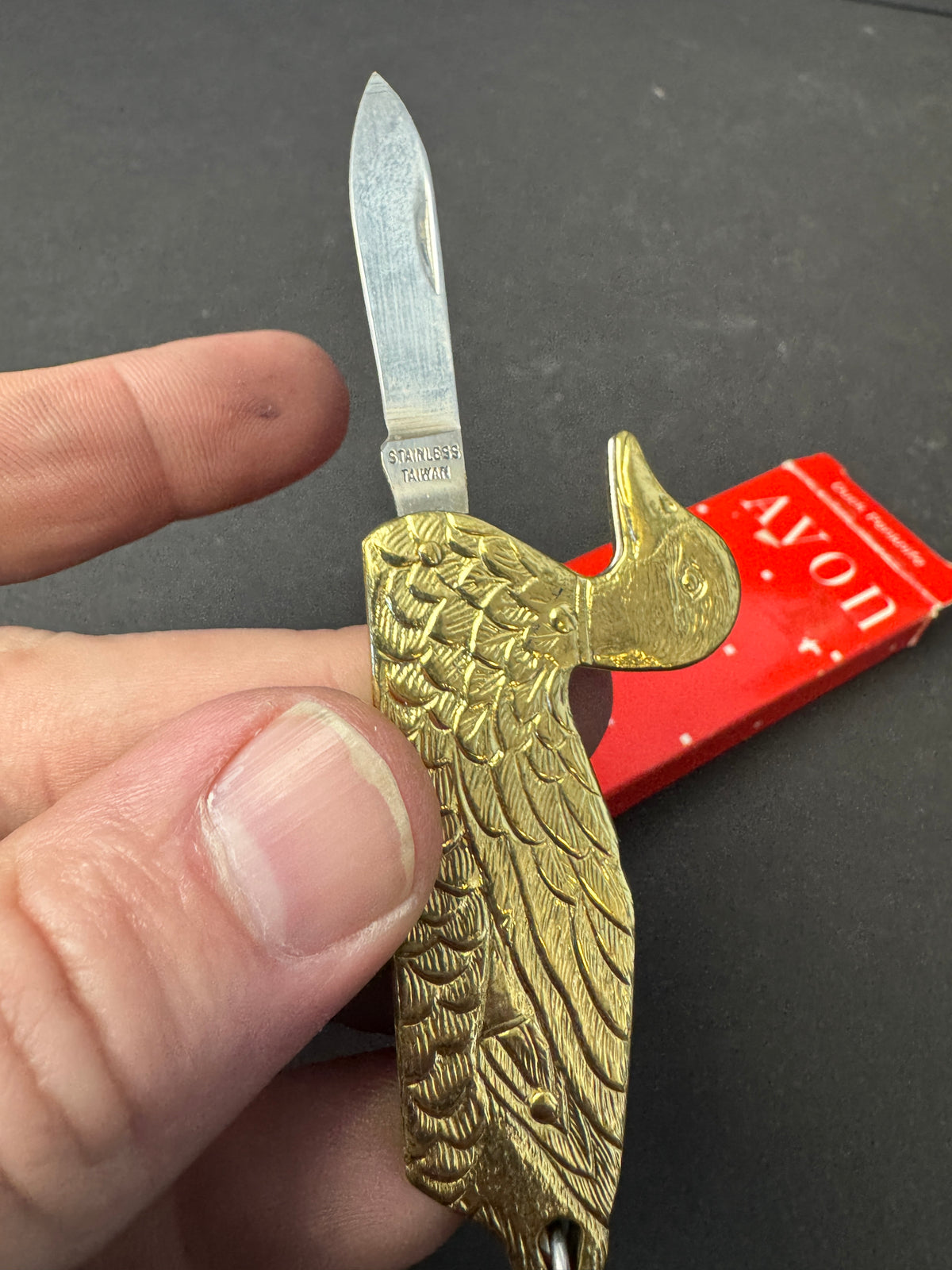 147 - Vintage Avon Brass Duck Penknife Pocket Knife Keychain with Original Box