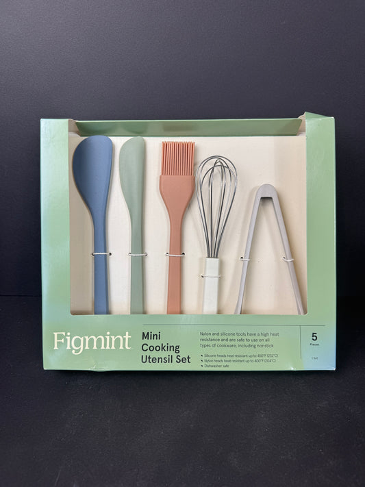 Figmint Mini Cooking Utensil Set 5pc Spatula Spoon Whisk Tongs Brush