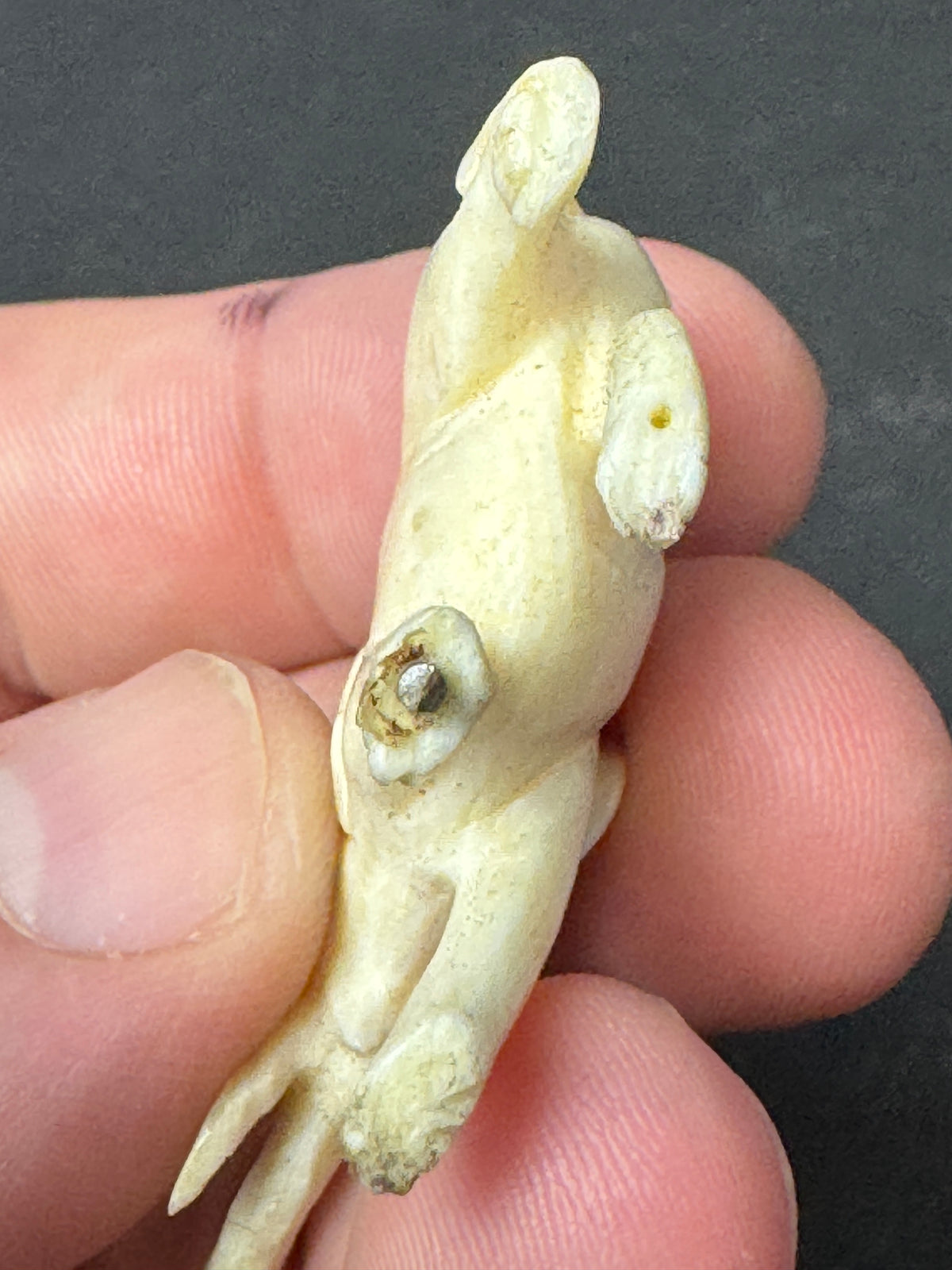 486 - Vintage Hand Carved Bone Elephant Miniature Figurine on Wood Display Base – As Is