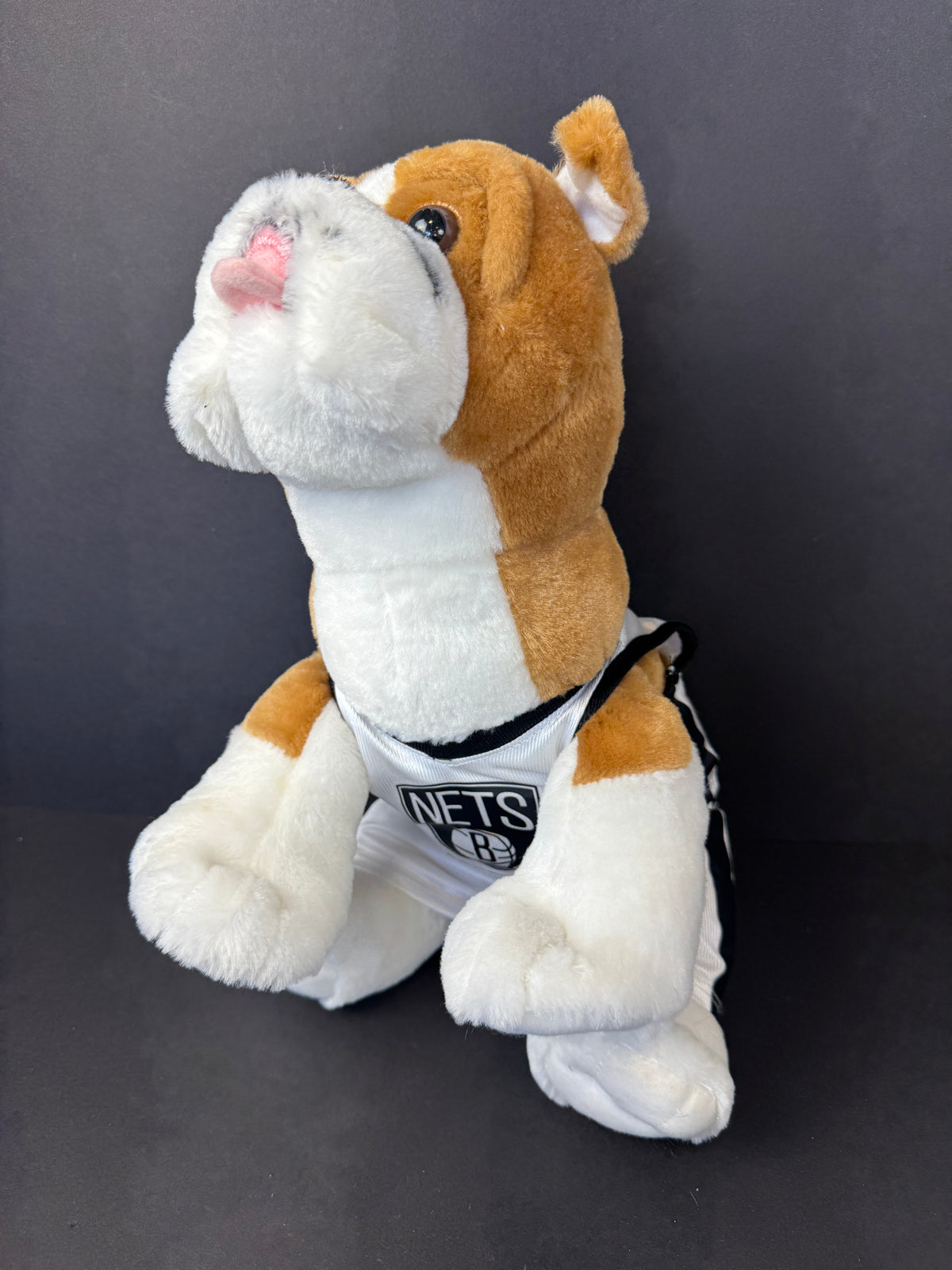 559 - Build-A-Bear Workshop Brown and White Bulldog Plush Dog with Tongue Out, Brooklyn Nets Jersey NBA BAB