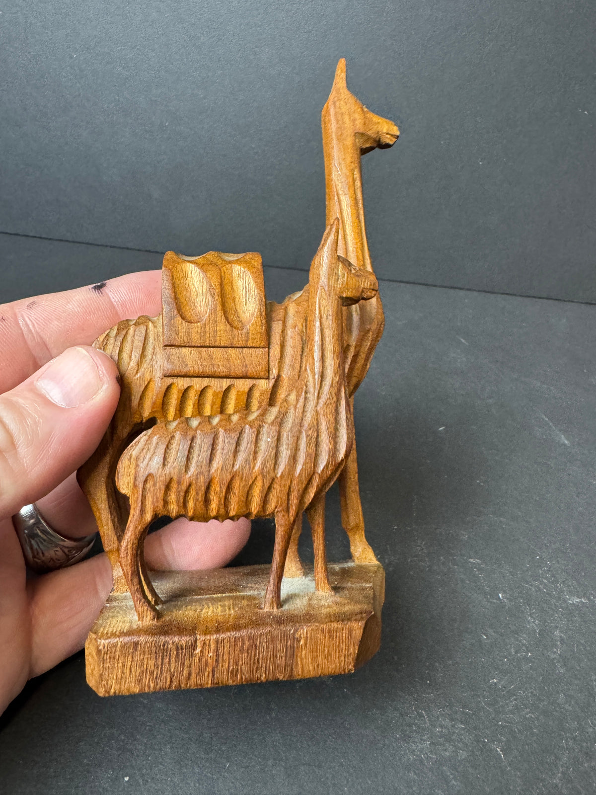 476 - Hand-Carved Wooden Figurine featuring mother Llama and baby Llama folk art