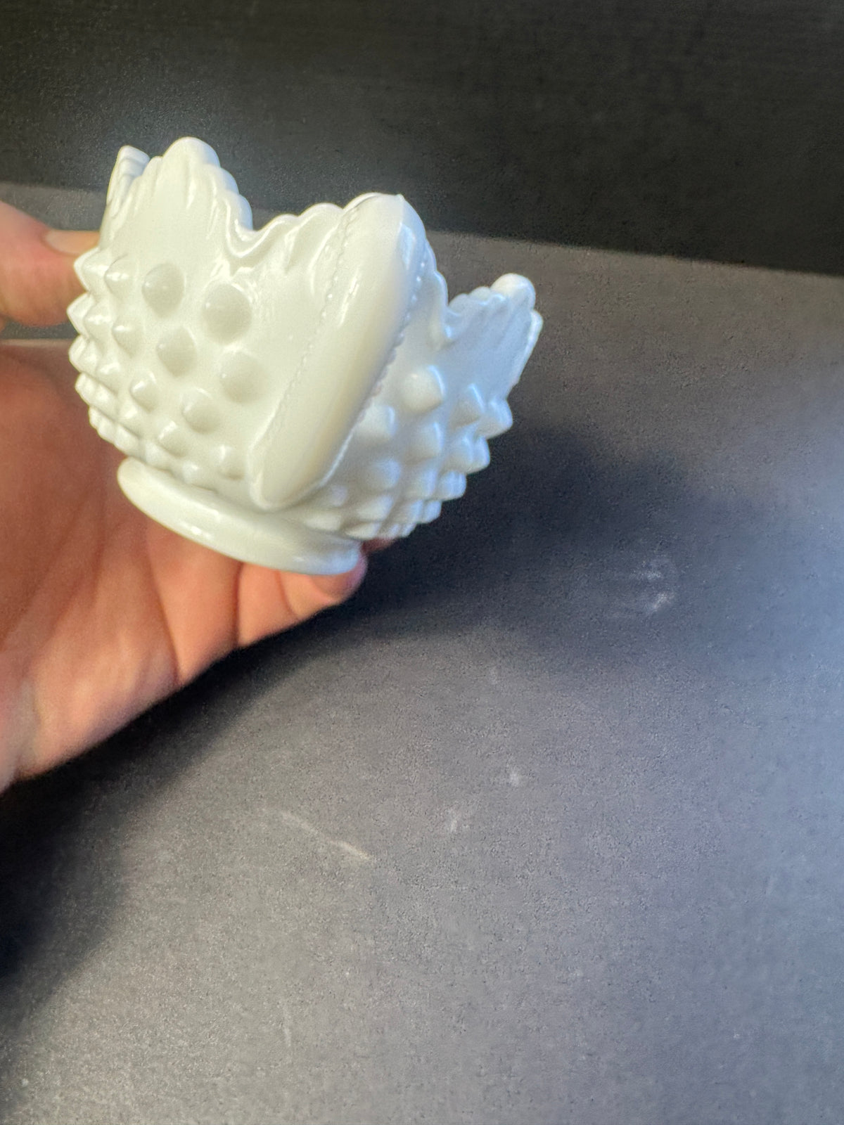 Fenton Milk Glass Hobnail Scalloped double Handled Sugar Bowl. Oval