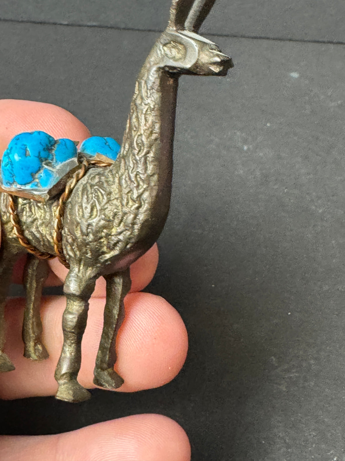 477 - Miniature Brass?  Llama / Alpaca Figurine Carrying Turquoise Stone Copper Saddle