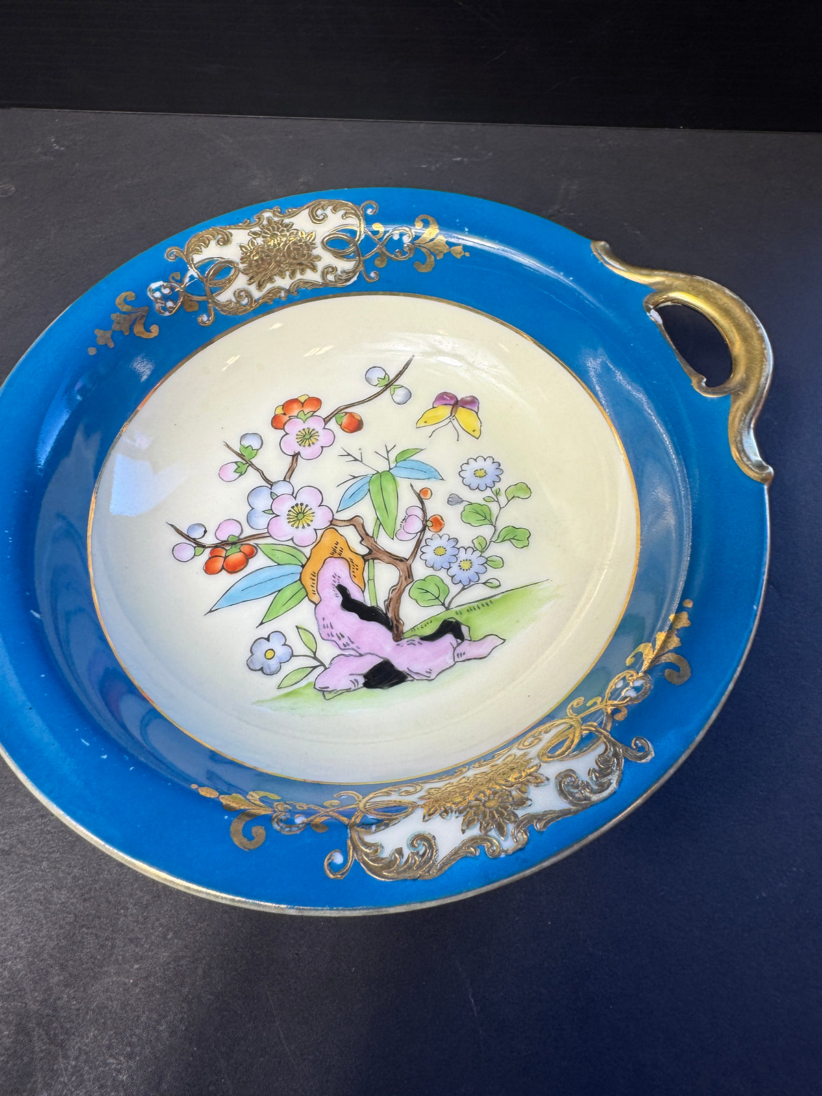 Vintage Morimura Noritake Hand Painted Handled Bowl tree flowers butterfly