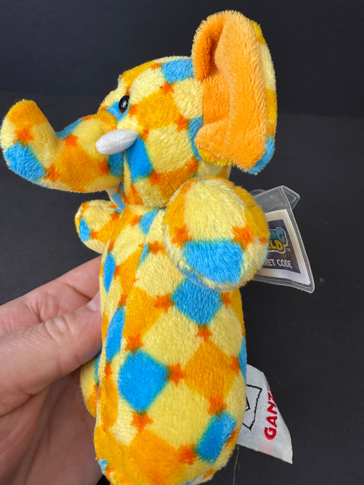573 - GANZ Stella Plush Stuffed Elephant Yellow Blue Orange Diamond Pattern Webkinz type amazing world