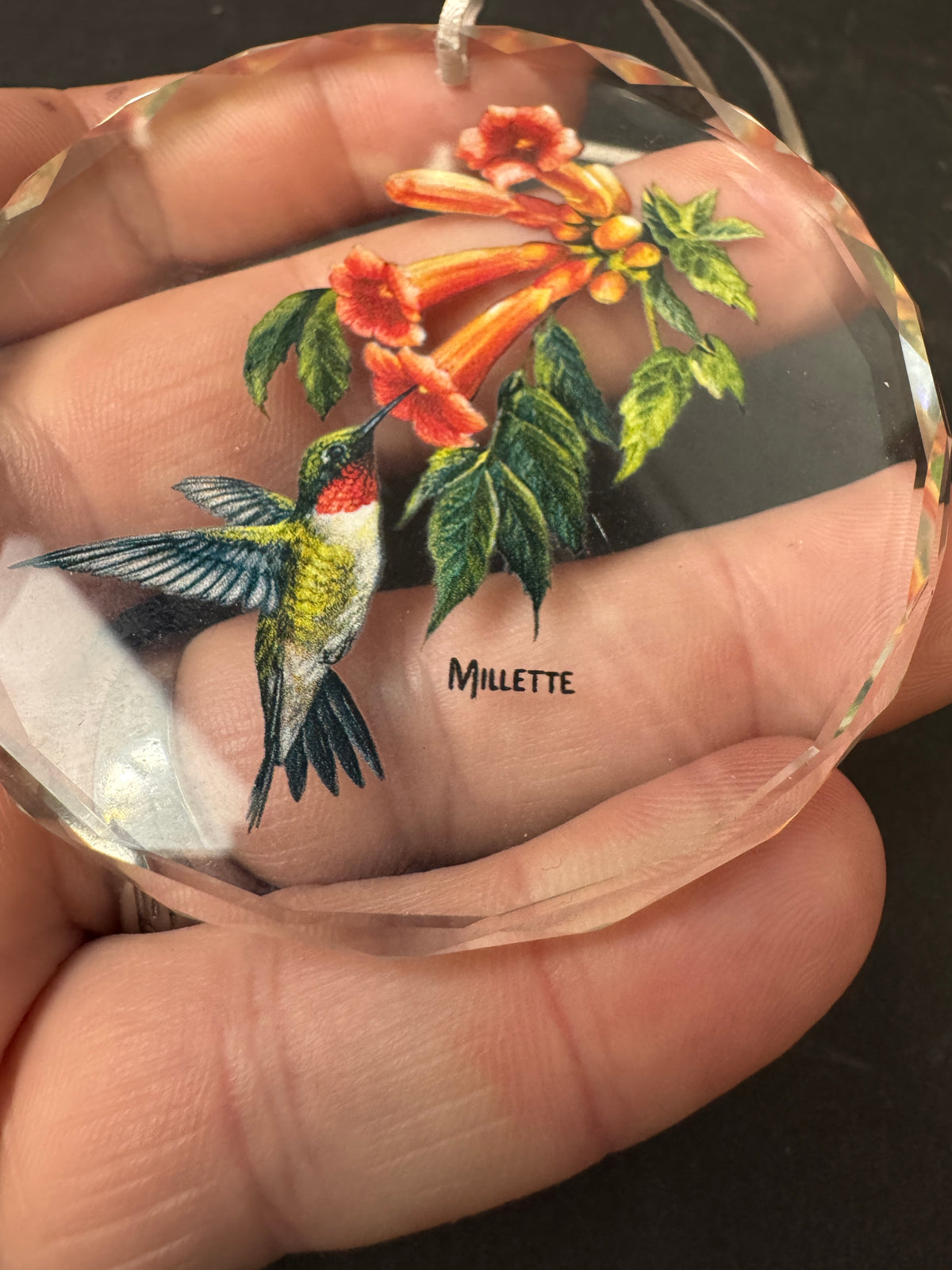 478 - hummingbird Clear Beveled Glass Ornament Artist Millette