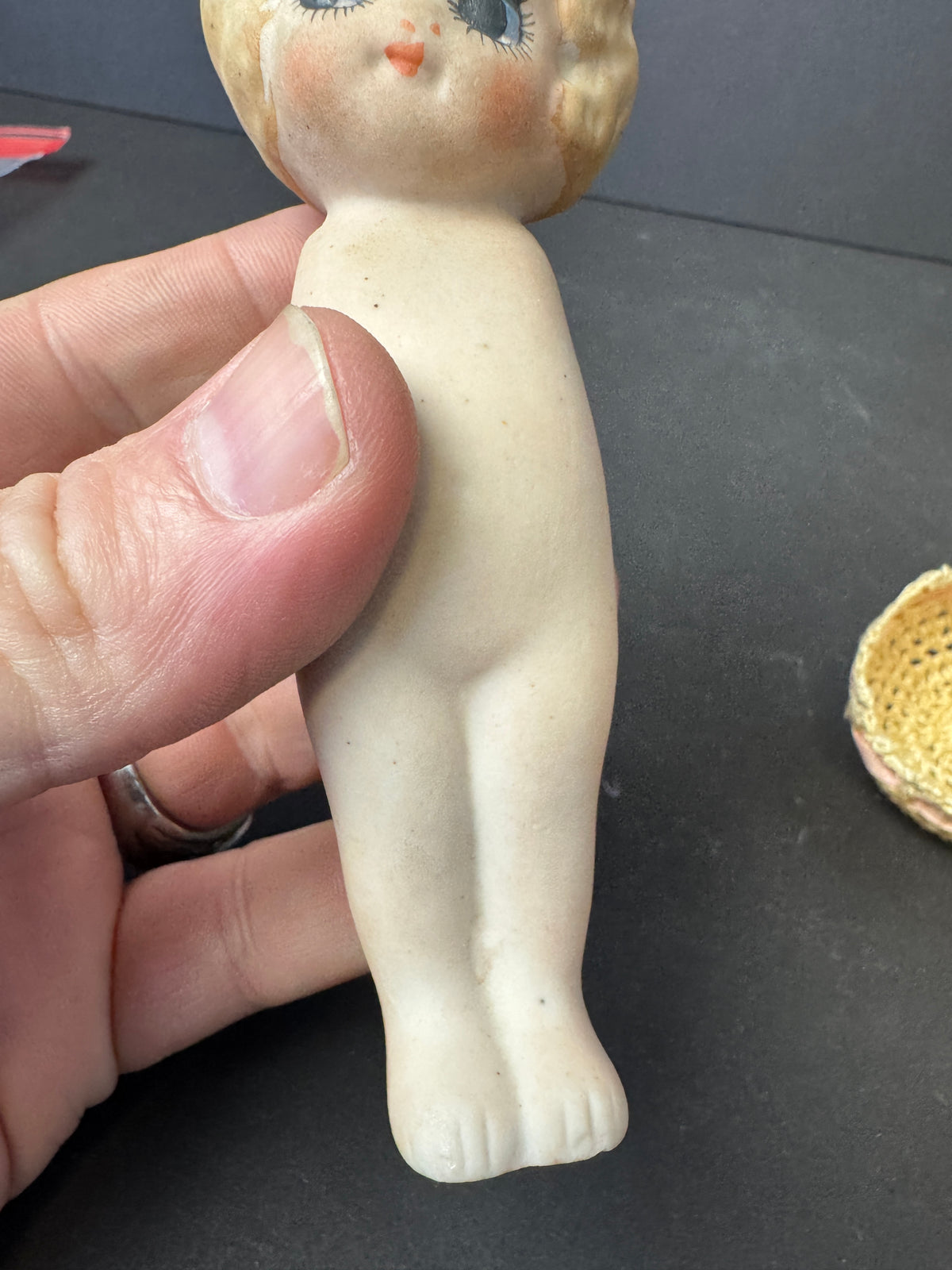 250 - Bisque Flapper? Kewpie? Doll Antique Porcelain Japan laced pin cushion
