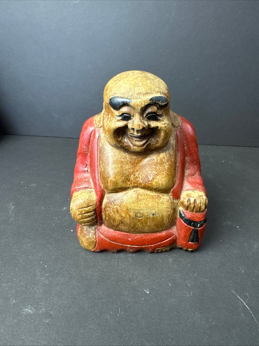 473 - Hand-Carved Wood Laughing Buddha Figure painted