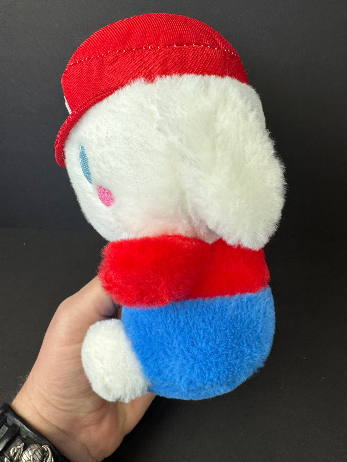 556 - Cinnamoroll Plush Mario Costume Red "M" Hat Blue Overalls White Red Blue Pink