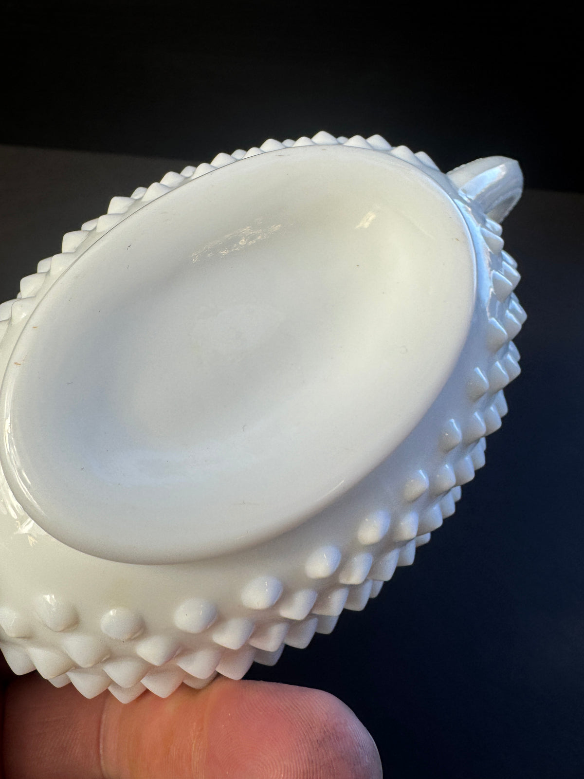 Fenton Milk Glass Hobnail Scalloped double Handled Sugar Bowl. Oval