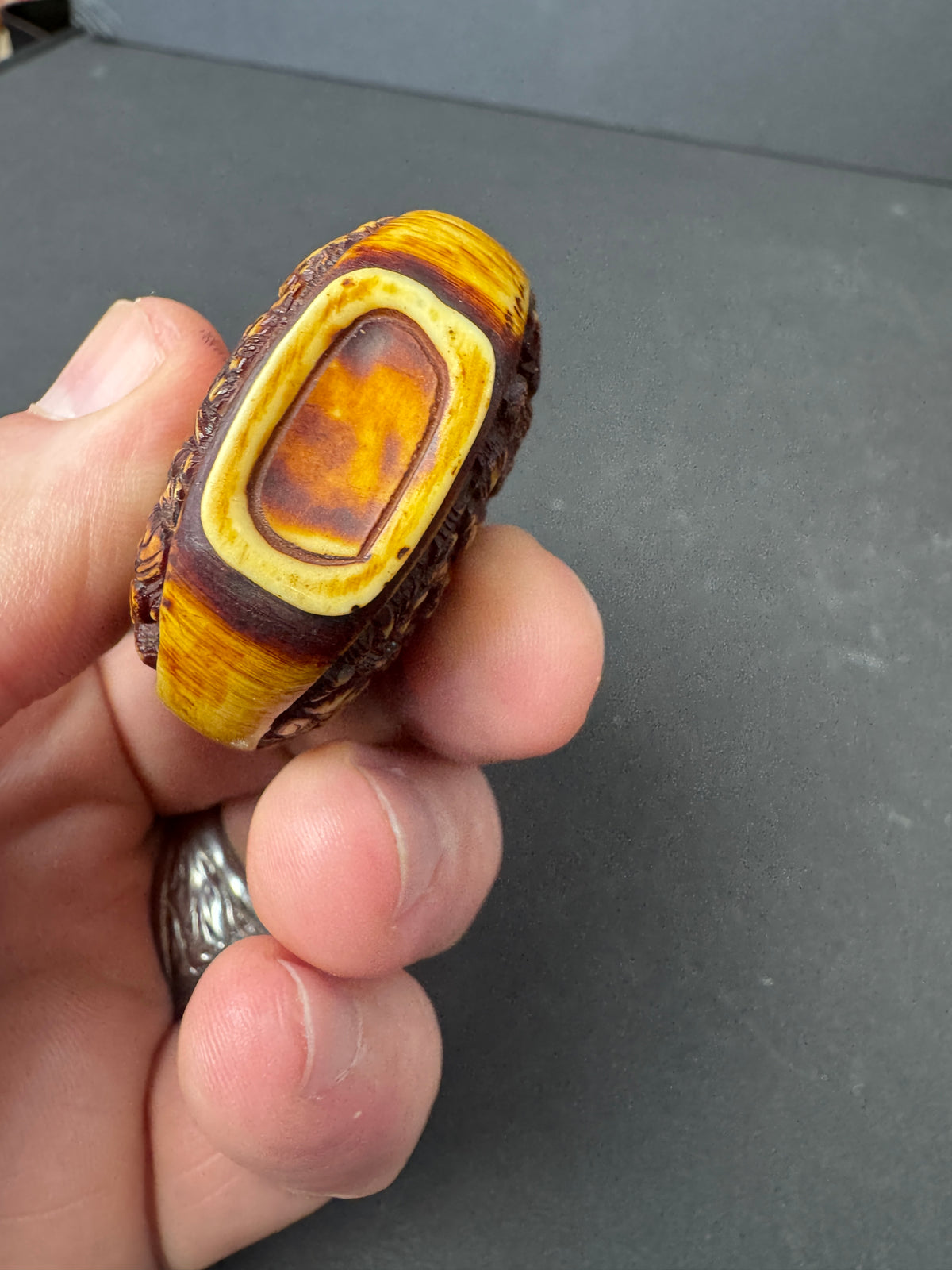 494 - Antique Vintage Heavily Hand Carved Chinese Resin Snuff Bottle 1930's? No Cap