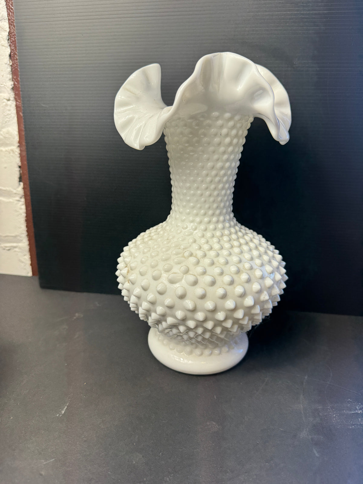 Fenton? White Hobnail Milk Glass Vase with Ruffled Edges