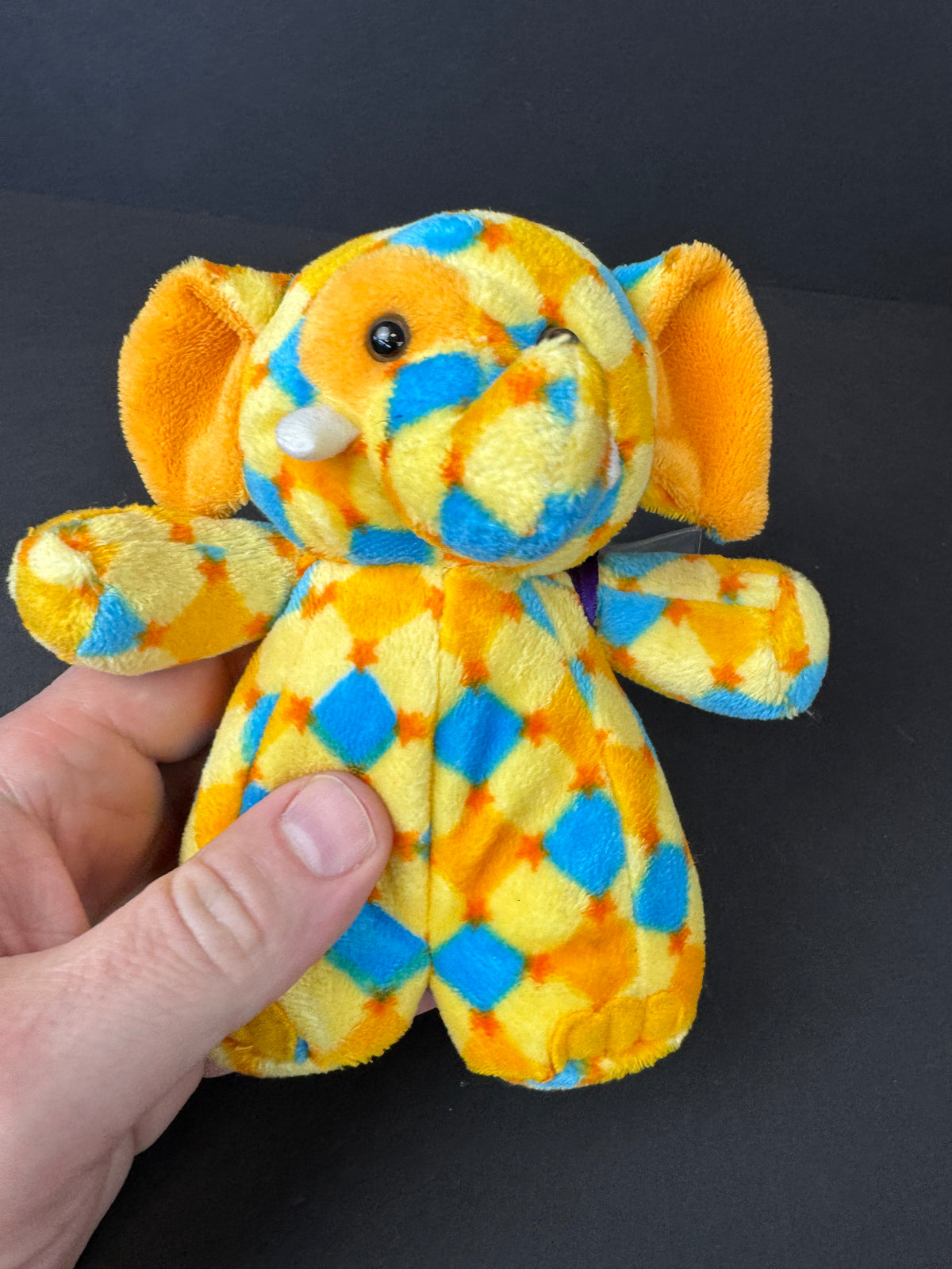 573 - GANZ Stella Plush Stuffed Elephant Yellow Blue Orange Diamond Pattern Webkinz type amazing world