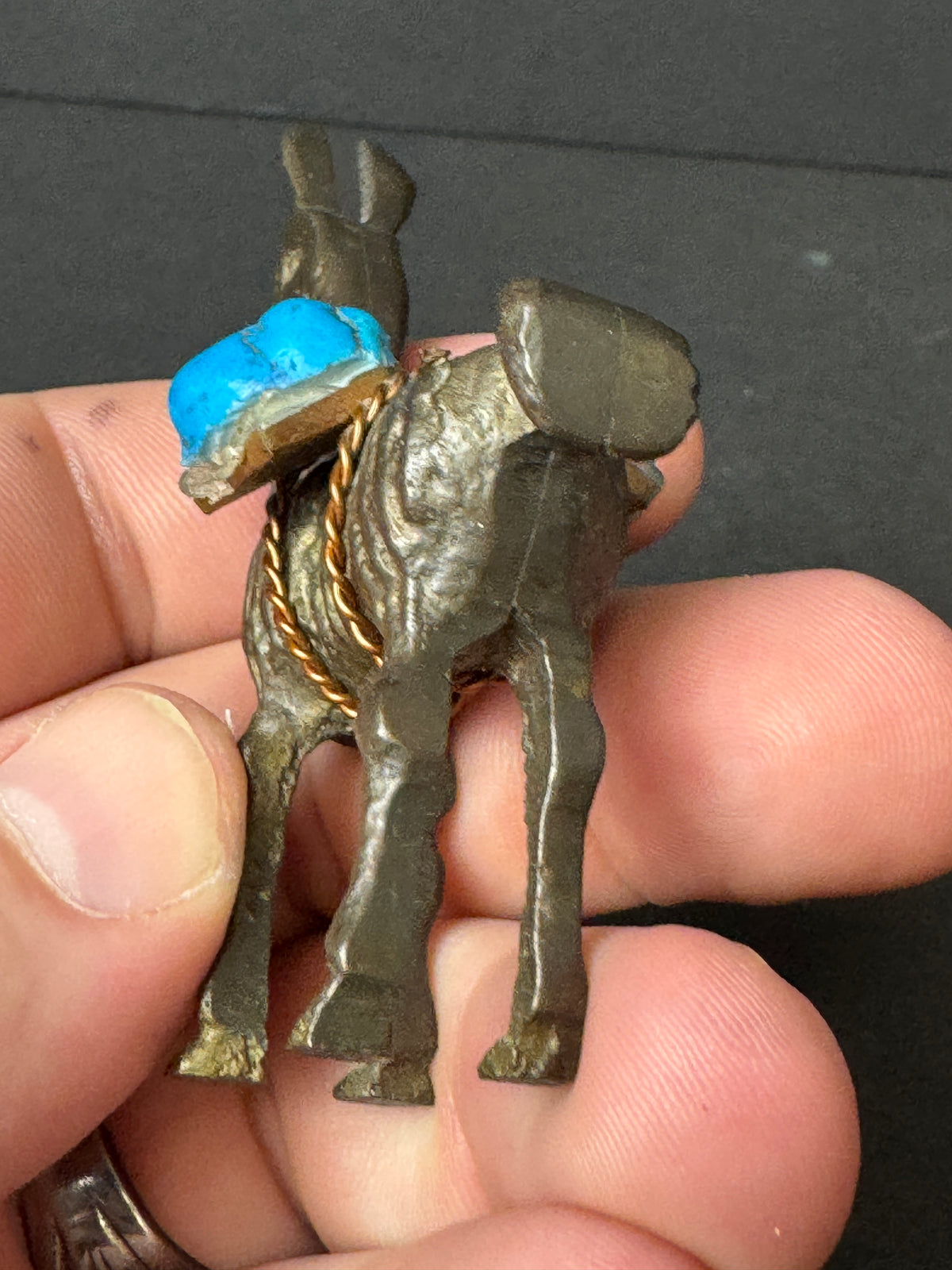 477 - Miniature Brass?  Llama / Alpaca Figurine Carrying Turquoise Stone Copper Saddle