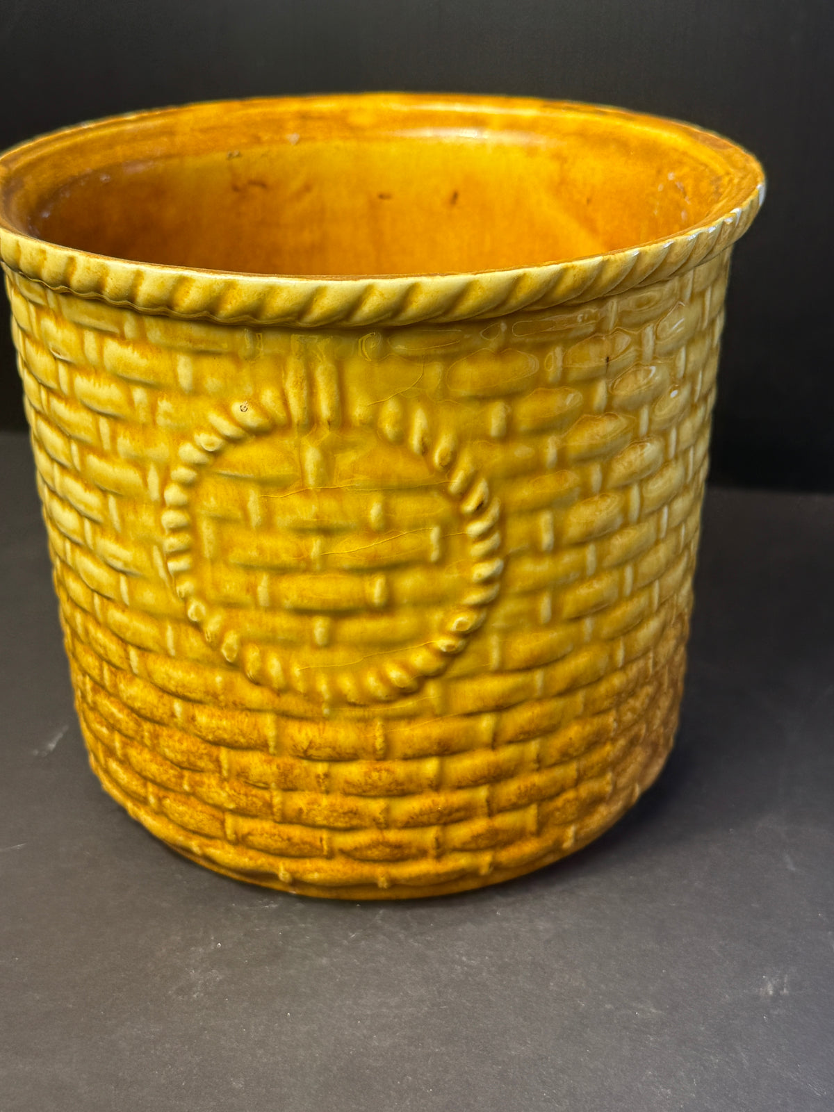 Vtg Haeger Pottery Mustard Basketweave Planter Flower Pot #48?