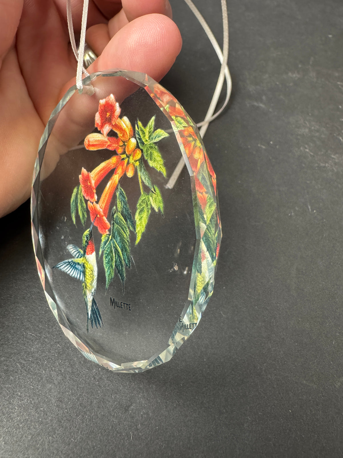 478 - hummingbird Clear Beveled Glass Ornament Artist Millette