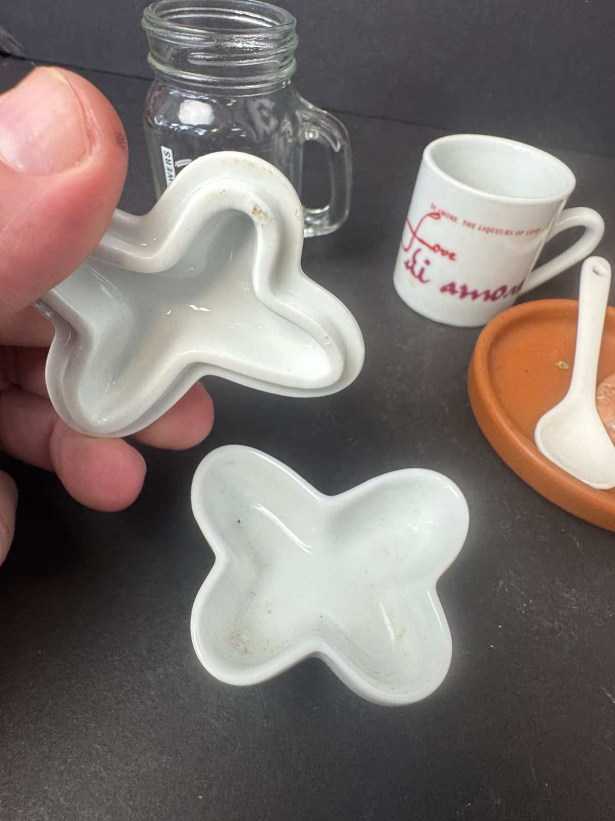 497 - Bundle Deal - Avon butterfly trinket dish, 2 small mugs, polished stone, ceramic spoon