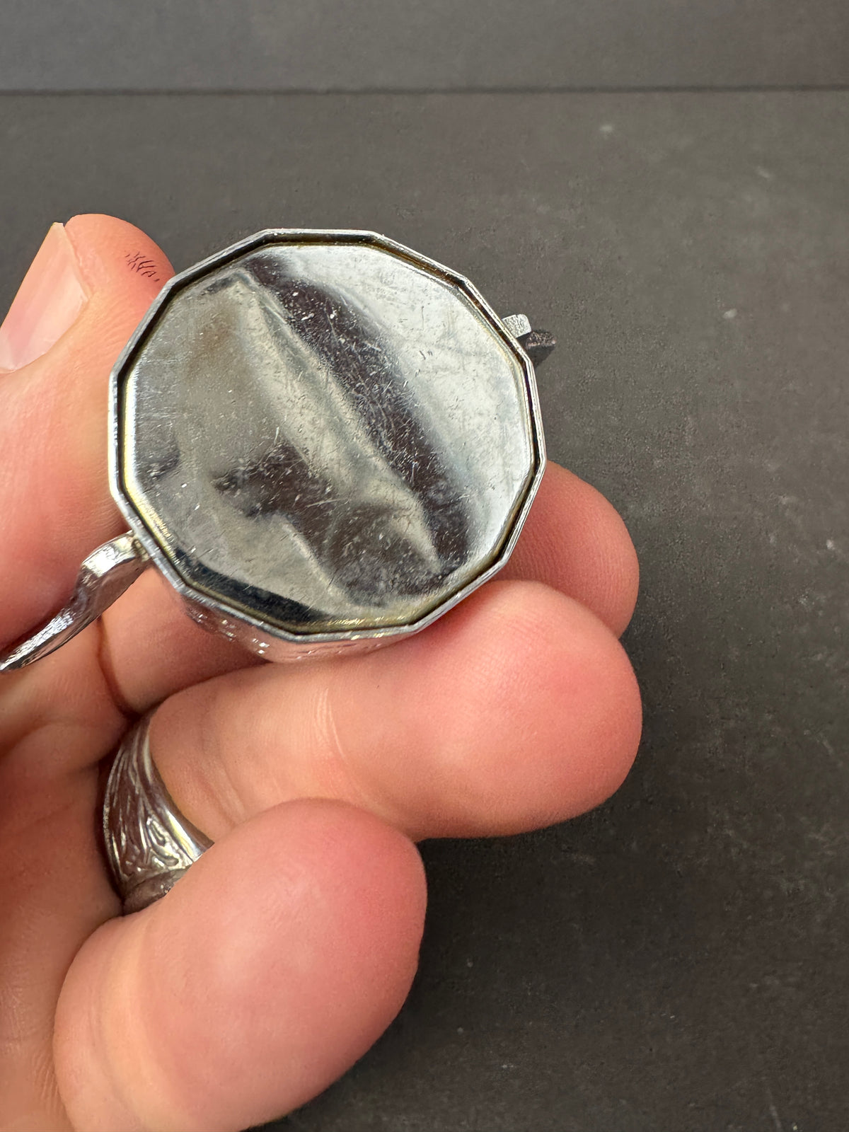 488 - Vintage Shiny Silvertone Tea Holder Strainer Teapot Shape Saucer Chain Tulip Tip