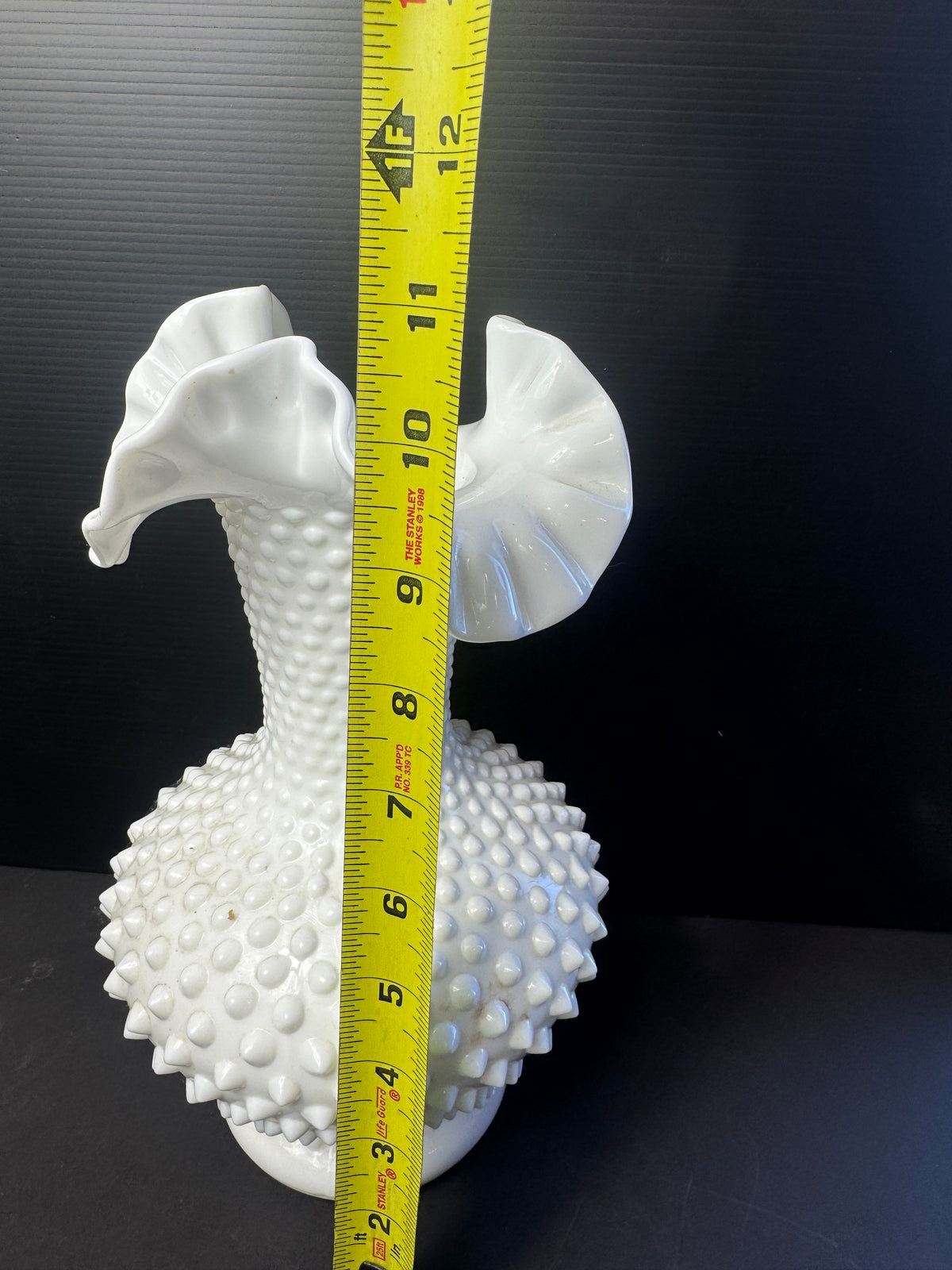 Fenton? White Hobnail Milk Glass Vase with Ruffled Edges