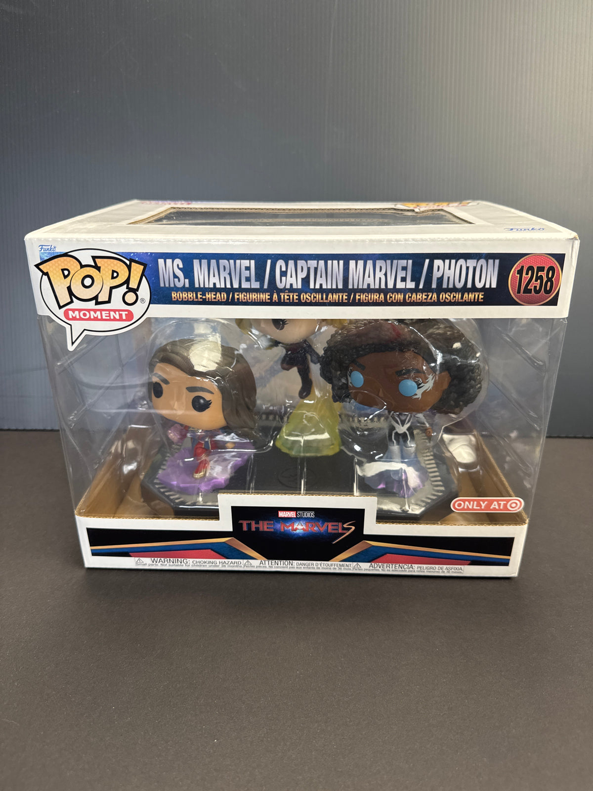 Funko Pop! Moment - number 1258 Miss Marvel, Captain Marvel, Photon 3 character Display