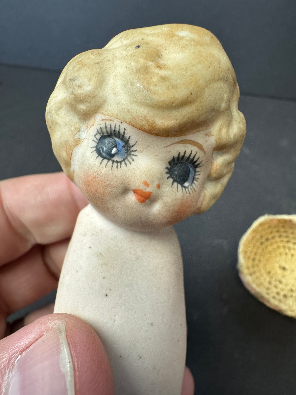 250 - Bisque Flapper? Kewpie? Doll Antique Porcelain Japan laced pin cushion