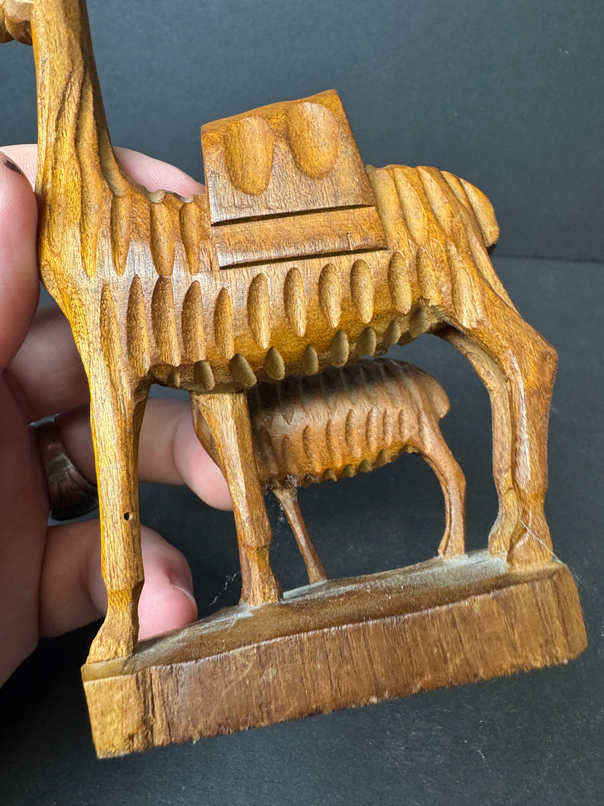 476 - Hand-Carved Wooden Figurine featuring mother Llama and baby Llama folk art