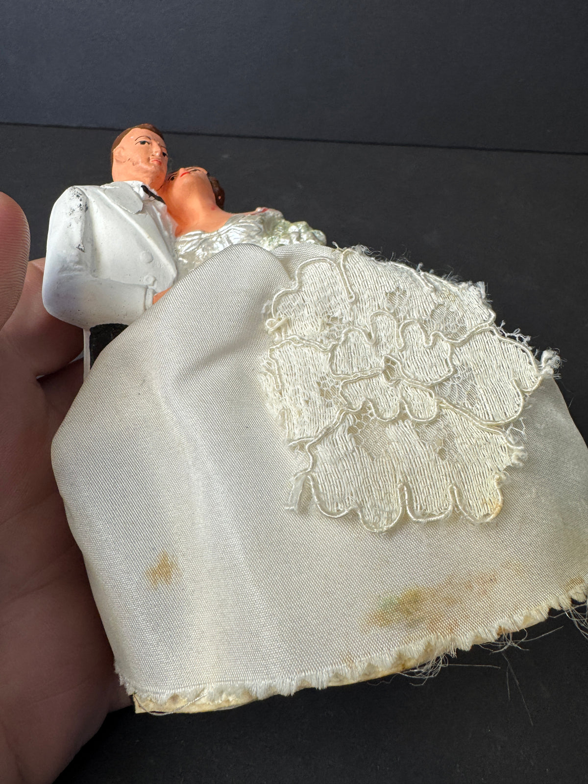 248 - Chalkware Bride & Groom Wedding Cake Topper Lace Vintage