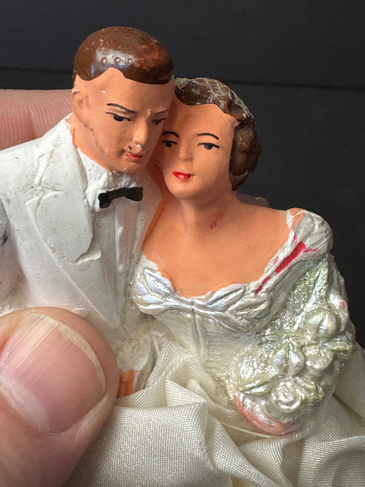 248 - Chalkware Bride & Groom Wedding Cake Topper Lace Vintage