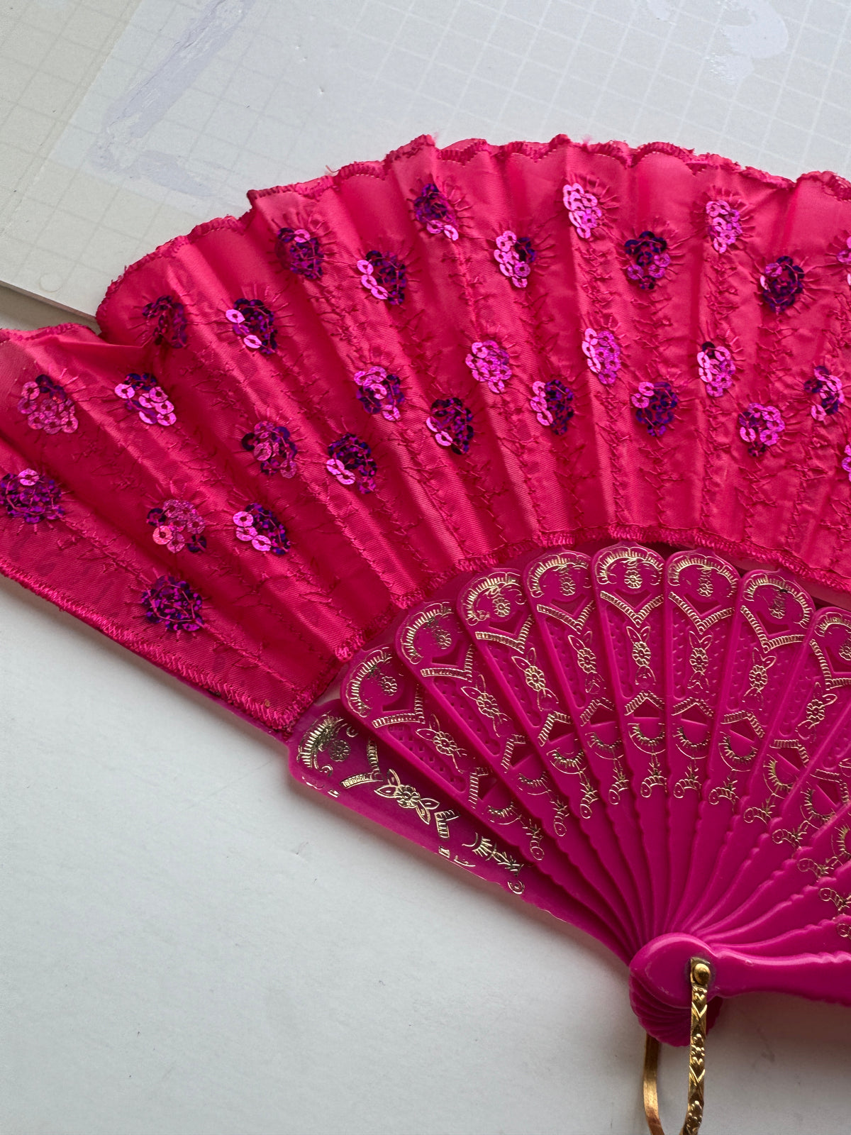 524 - Pink Large Lace Floral Folding Hand Held Plastic Chinese Fan