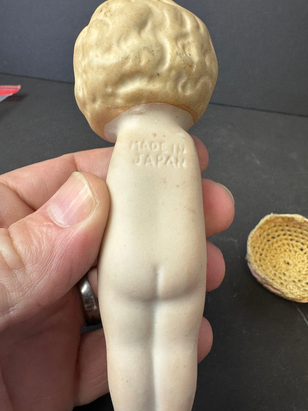 250 - Bisque Flapper? Kewpie? Doll Antique Porcelain Japan laced pin cushion