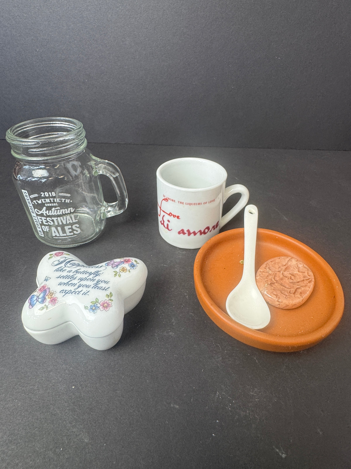 497 - Bundle Deal - Avon butterfly trinket dish, 2 small mugs, polished stone, ceramic spoon