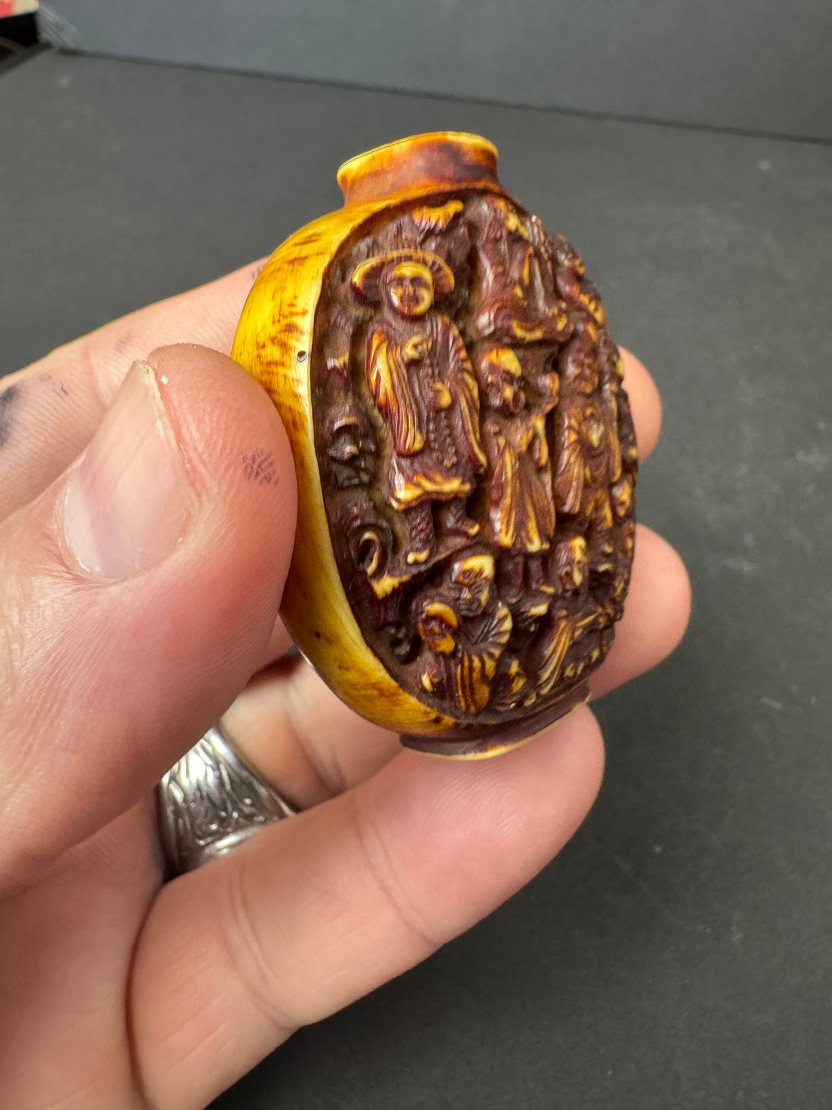 494 - Antique Vintage Heavily Hand Carved Chinese Resin Snuff Bottle 1930's? No Cap