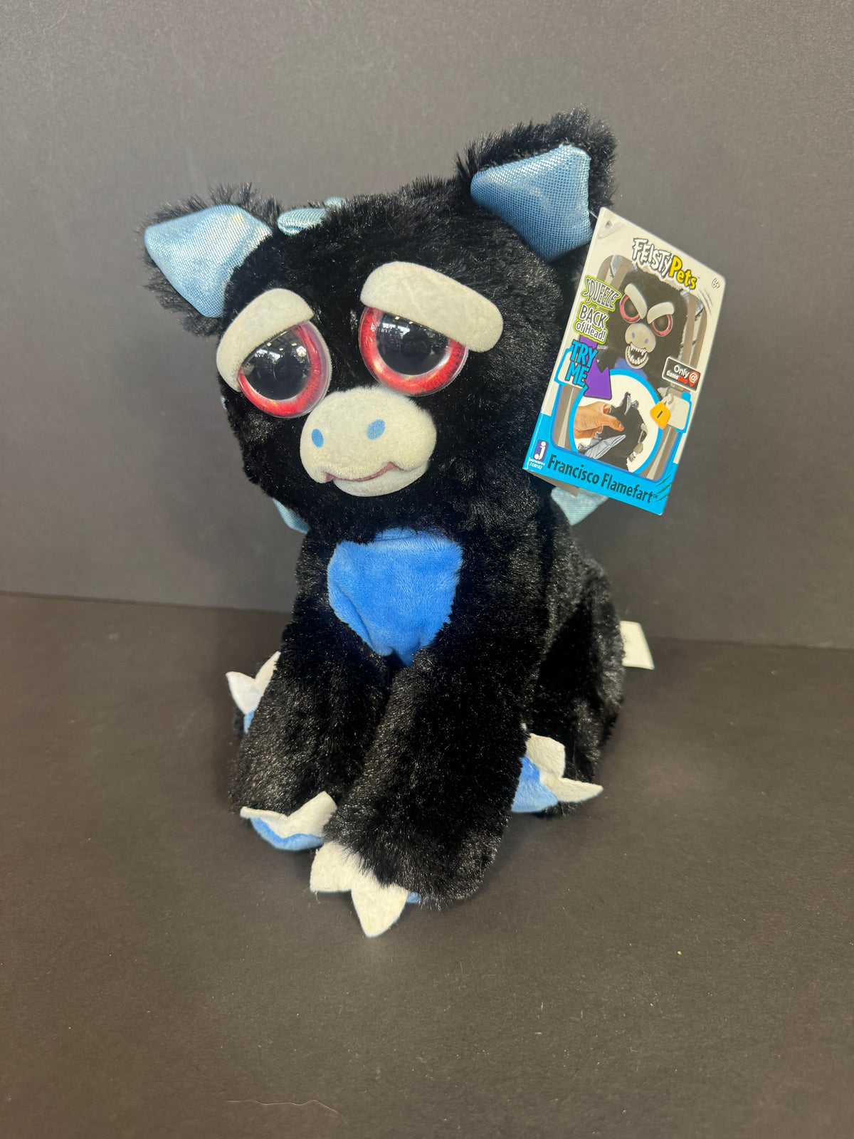 275 - Rare Francisco Flamefart Feisty Pets Plush 9" Black Dragon Blue  Game Stop