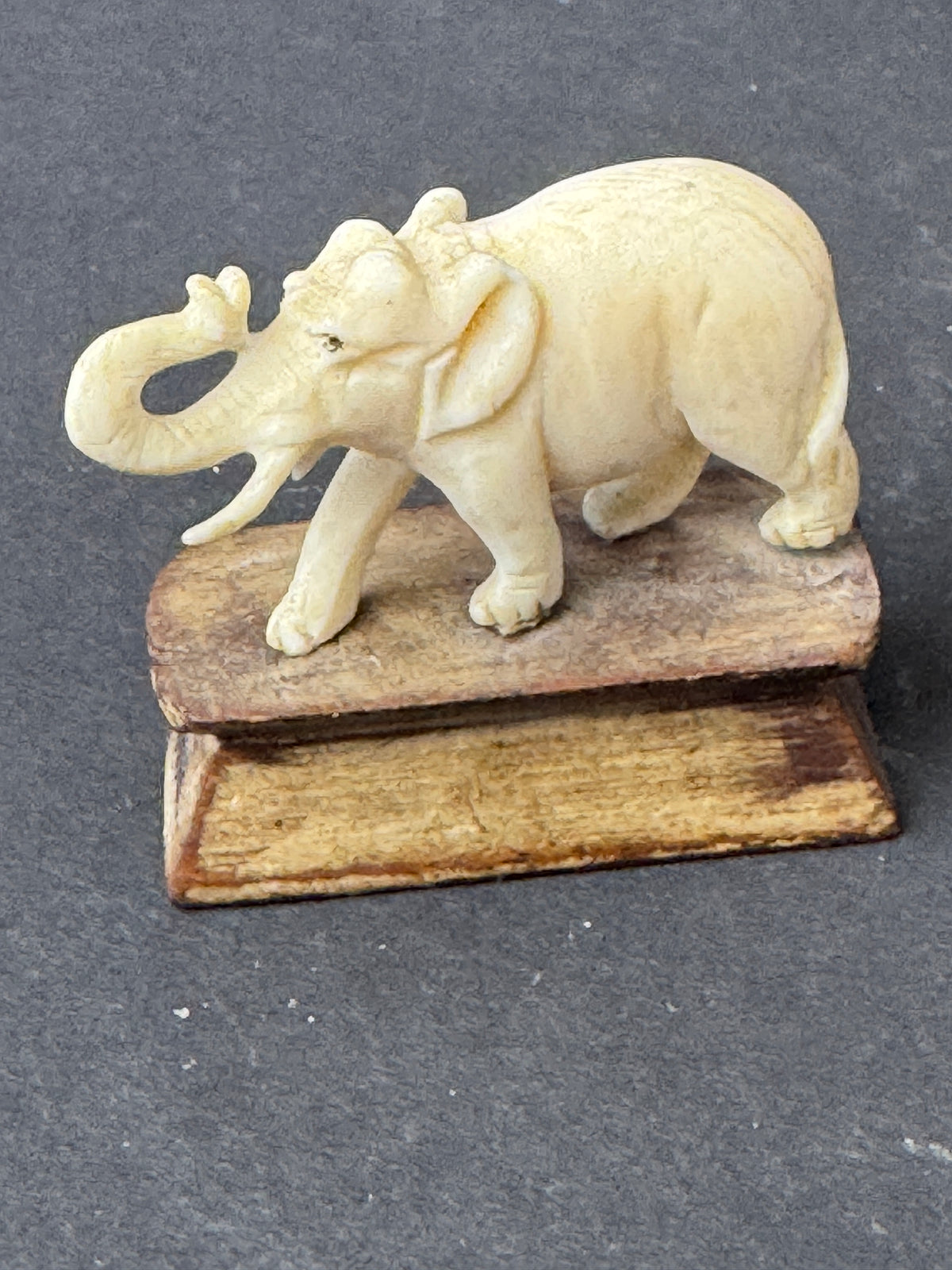 486 - Vintage Hand Carved Bone Elephant Miniature Figurine on Wood Display Base – As Is