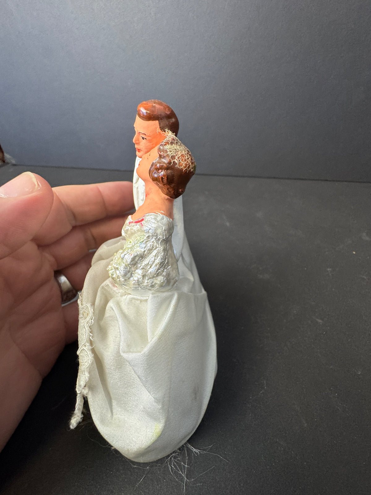 248 - Chalkware Bride & Groom Wedding Cake Topper Lace Vintage