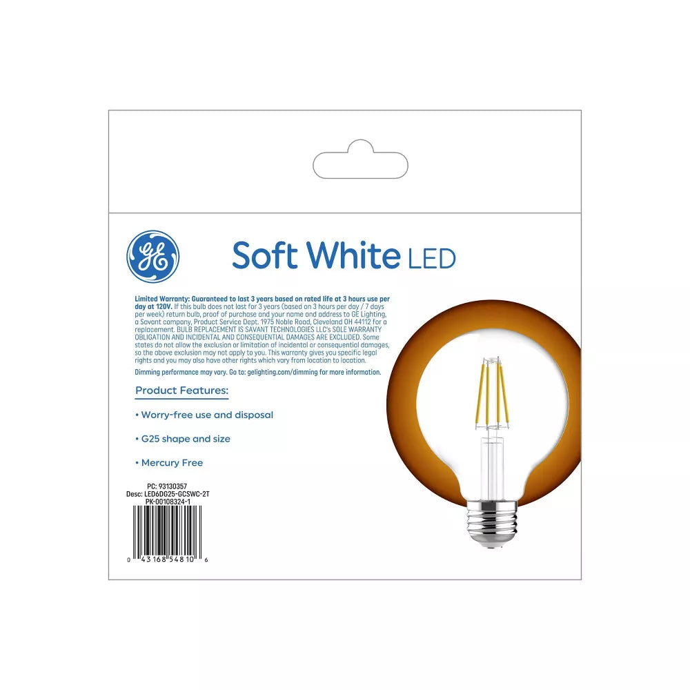 GE 2pk 60W G25 LED Globe Light Bulbs Soft White