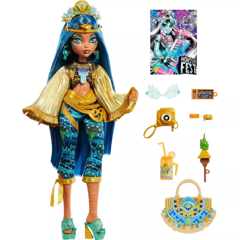 Monster High Fest Cleo De Nile Fashion Doll Blue Hair/Brown Hair with Festival Outfit Band Poster and Accessories