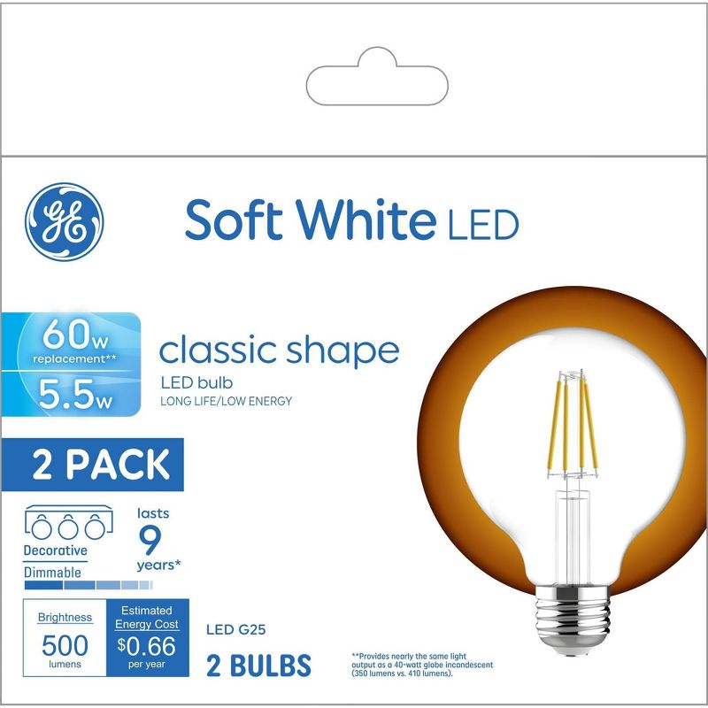 GE 2pk 60W G25 LED Globe Light Bulbs Soft White