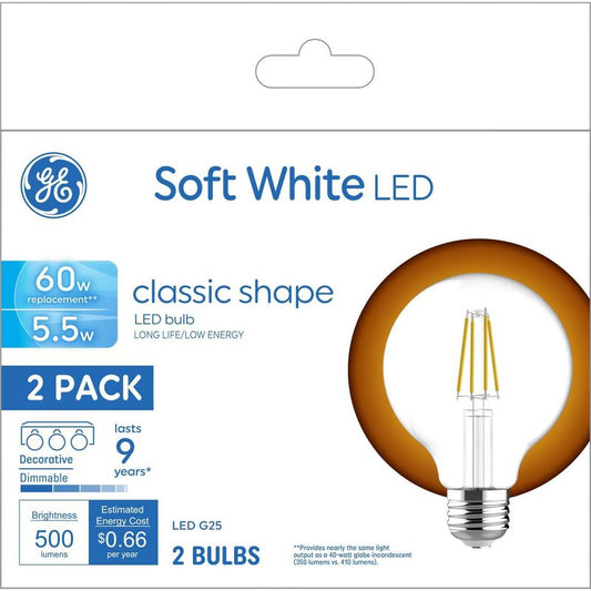 GE 2pk 60W G25 LED Globe Light Bulbs Soft White