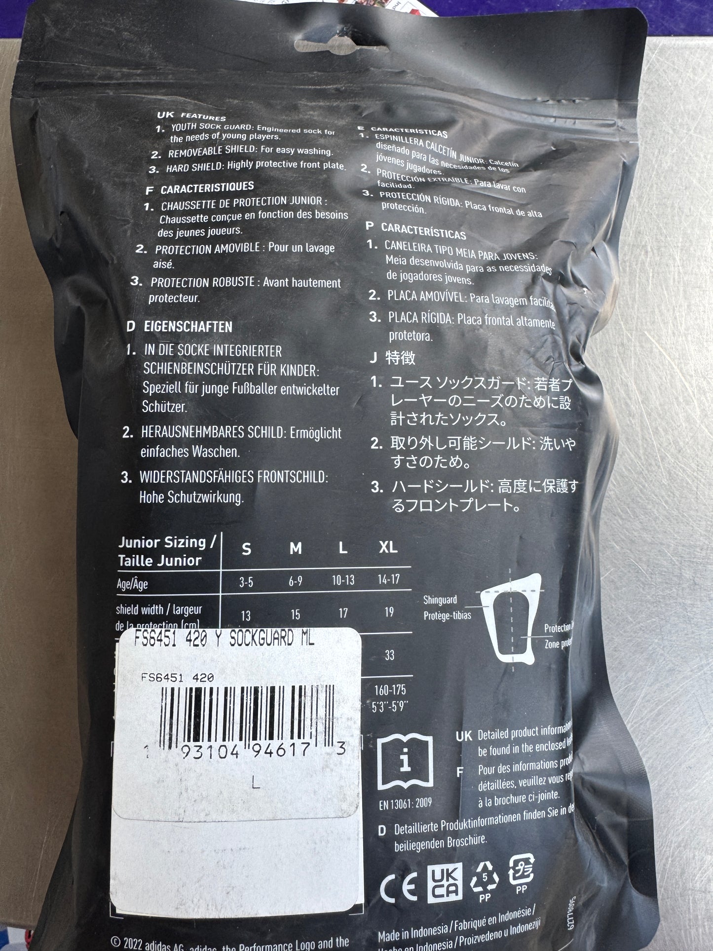 Adidas MLS Football Youth Sock Shin Guards- Large, Black, NEW