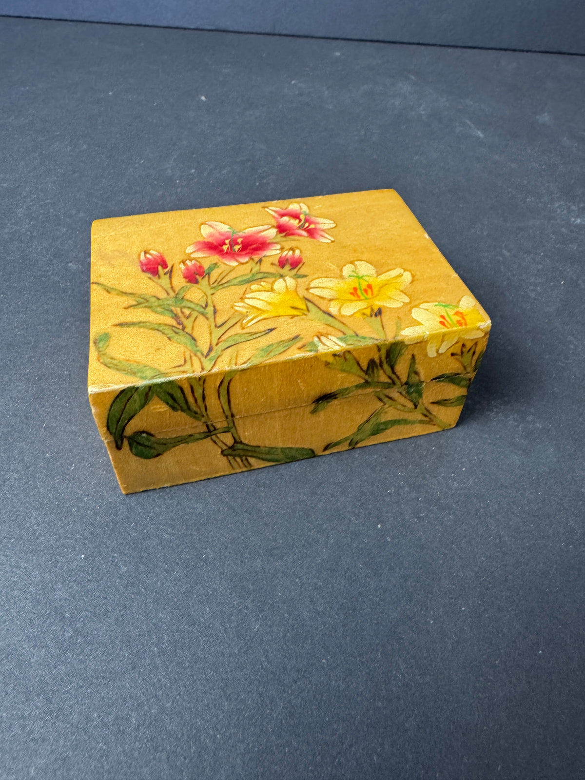235 - Chinese Pyrography Wooden Jewelry Trinket Box Floral Art Seal Mark