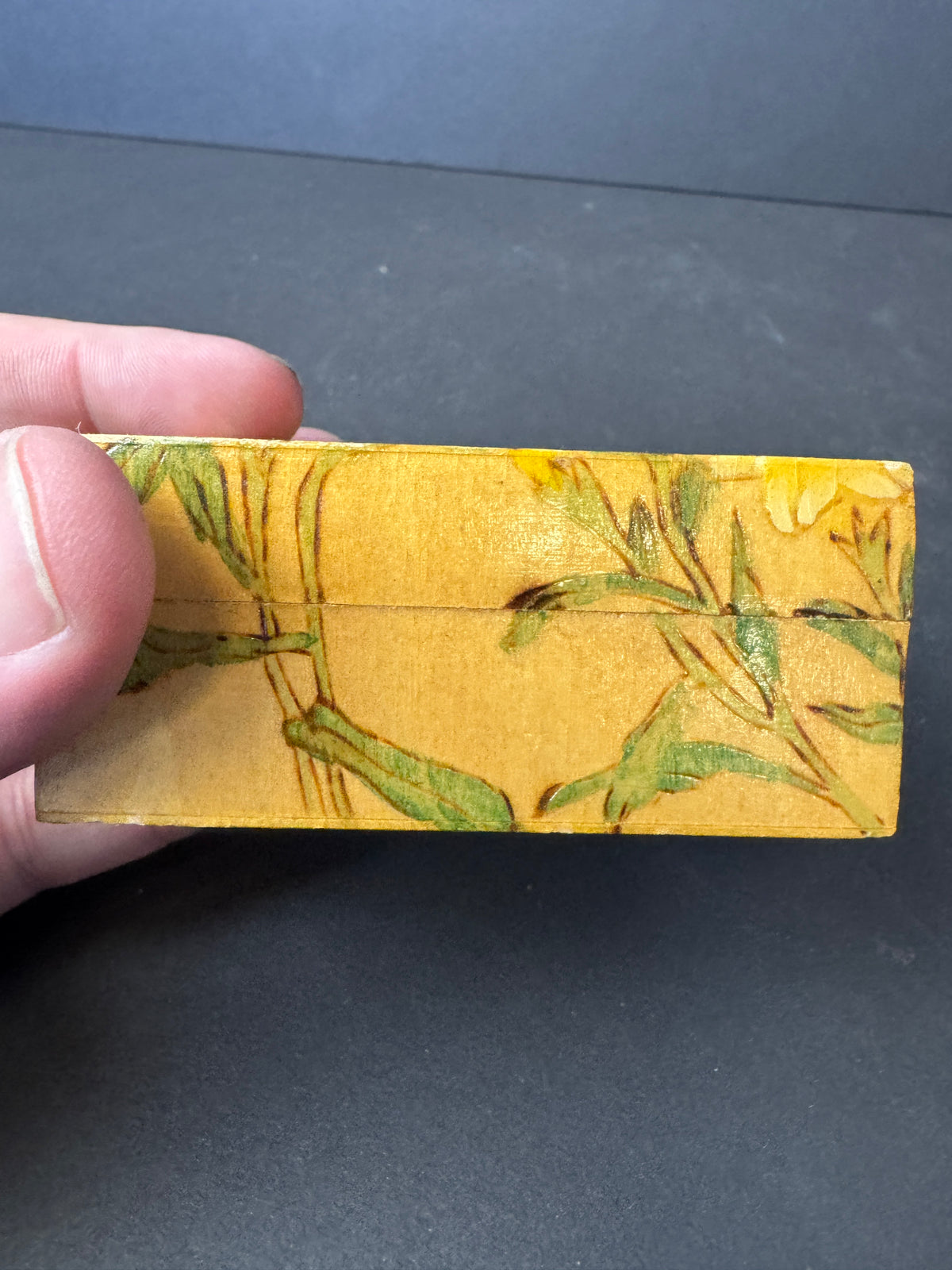 235 - Chinese Pyrography Wooden Jewelry Trinket Box Floral Art Seal Mark
